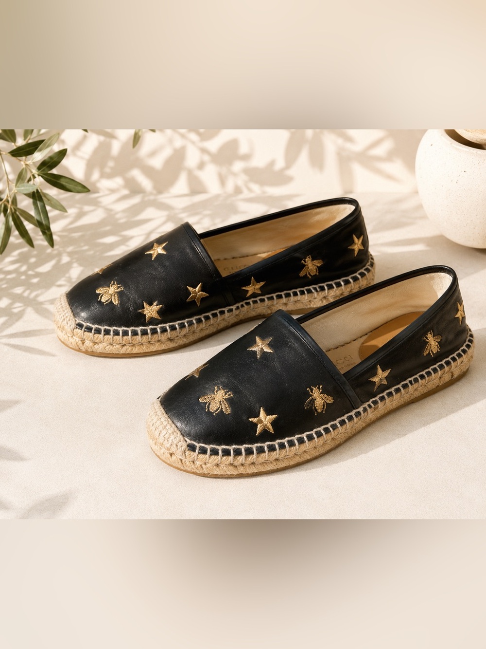 Gucci Pilar Bee & Star Leather Espadrilles – Black EU 37.5 / US Women’s 7.5 #27